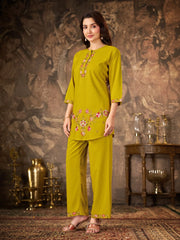 Mustard Yellow Thread Embroidered Coord Set model pose Kalyanja KC22