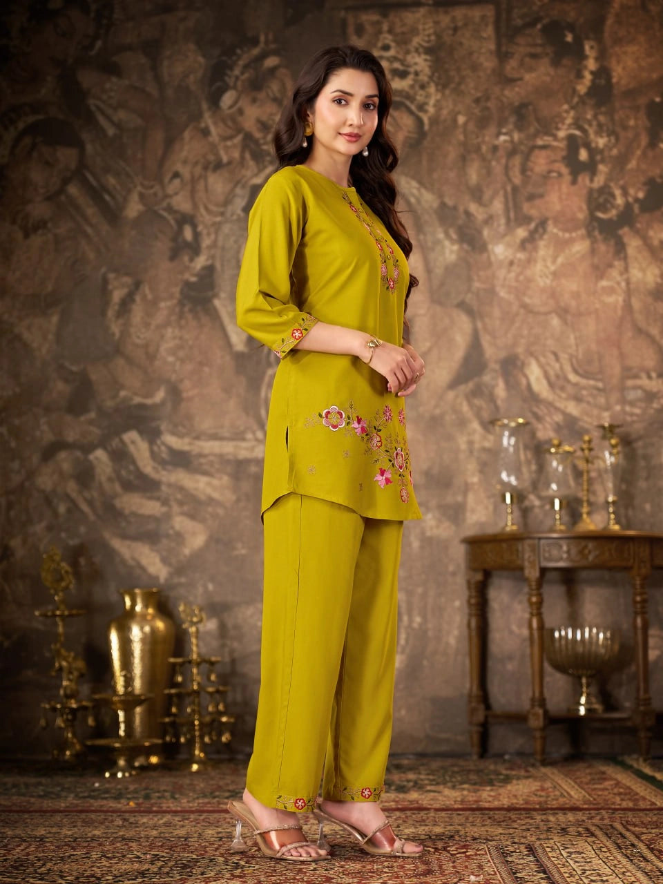 Mustard Yellow Thread Embroidered Coord Set pants ankle embroidery Kalyanja KC22