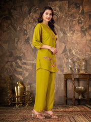 Mustard Yellow Thread Embroidered Coord Set pants ankle embroidery Kalyanja KC22