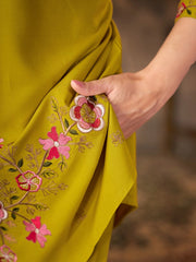 Mustard Yellow Thread Embroidered Coord Set close up floral work Kalyanja KC22