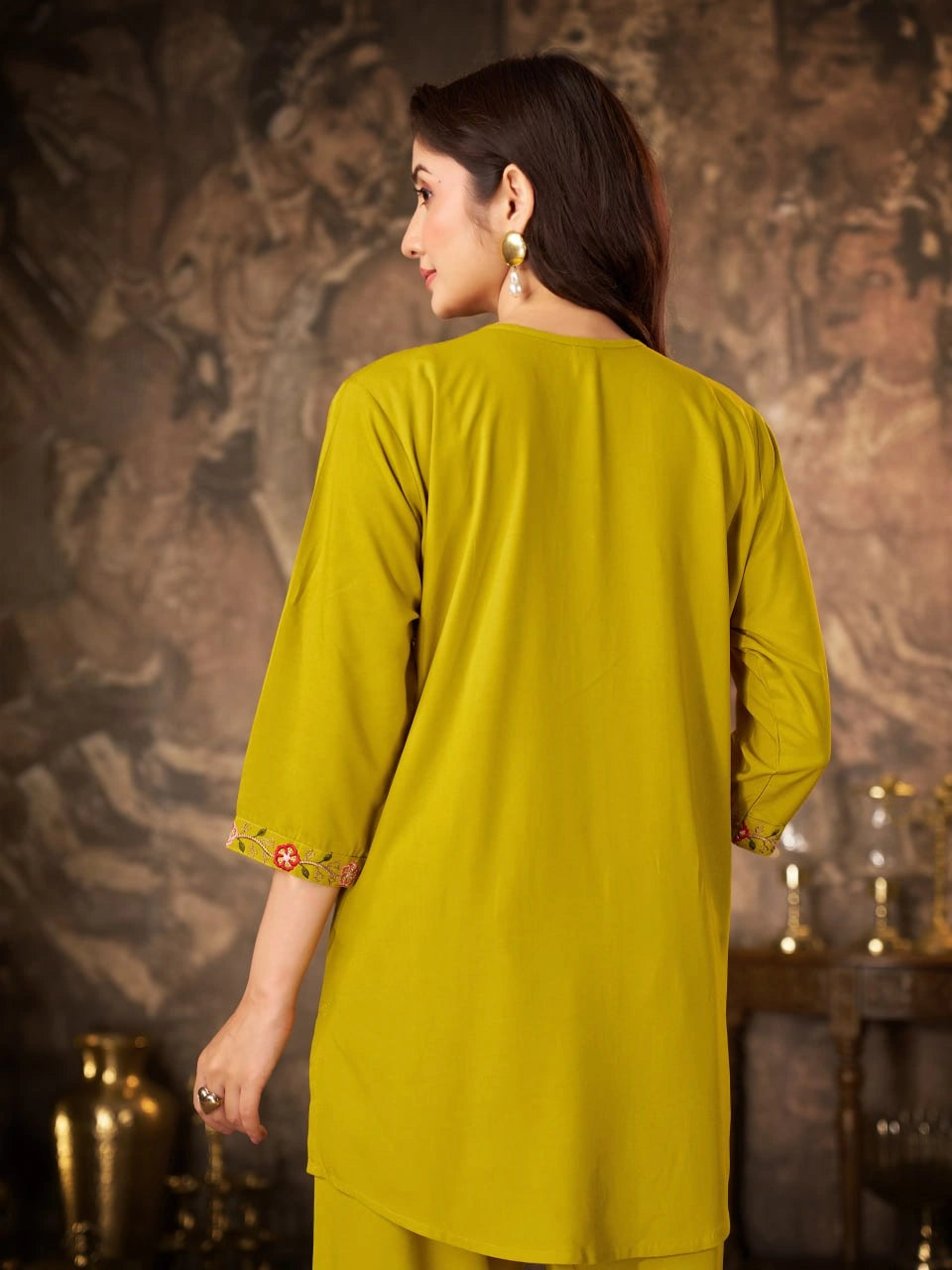 Mustard Yellow Thread Embroidered Coord Set pocket detail Kalyanja KC22