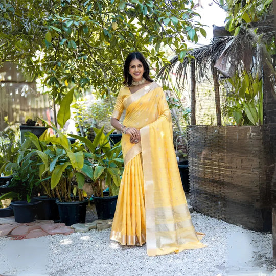 Mustard yellow fabric with intricate zari weaving