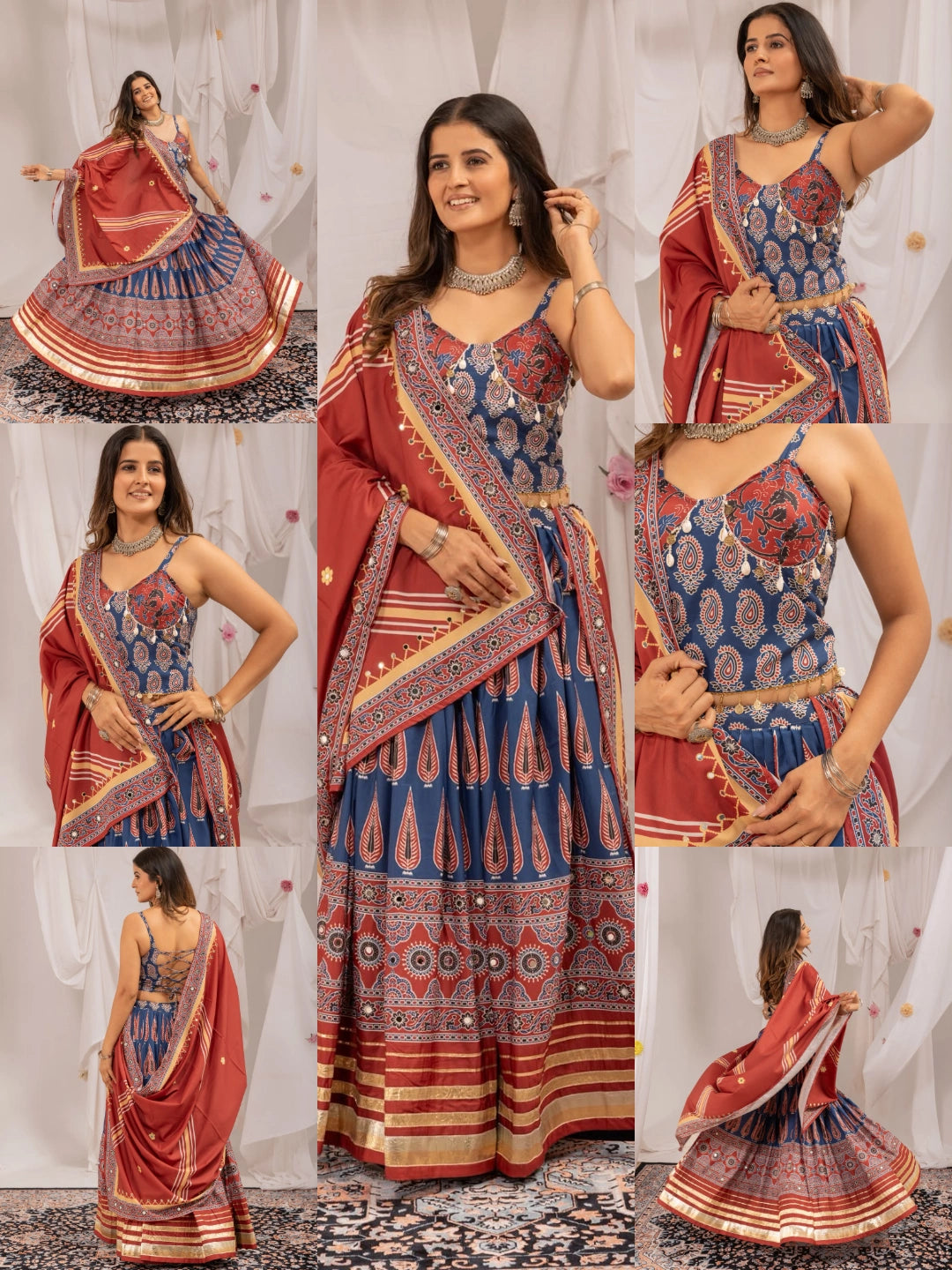 Navy Blue Ajrakh Print Lehenga collage multiple views – KL181 Kalyanja