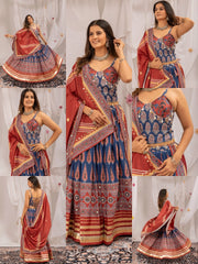 Navy Blue Ajrakh Print Lehenga collage multiple views – KL181 Kalyanja