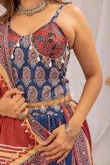 Navy Blue Ajrakh Lehenga 4 meter flair full length shot – KL181 Kalyanja