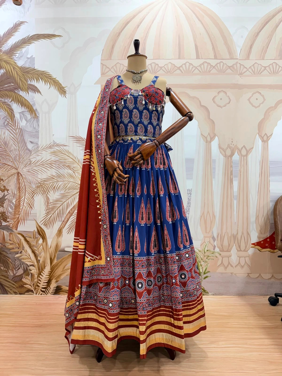 Navy Blue Ajrakh Print Lehenga mannequin product display – KL181 Kalyanja