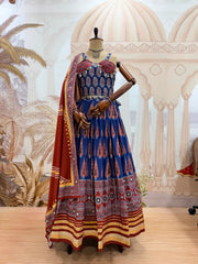 Navy Blue Ajrakh Print Lehenga mannequin product display – KL181 Kalyanja
