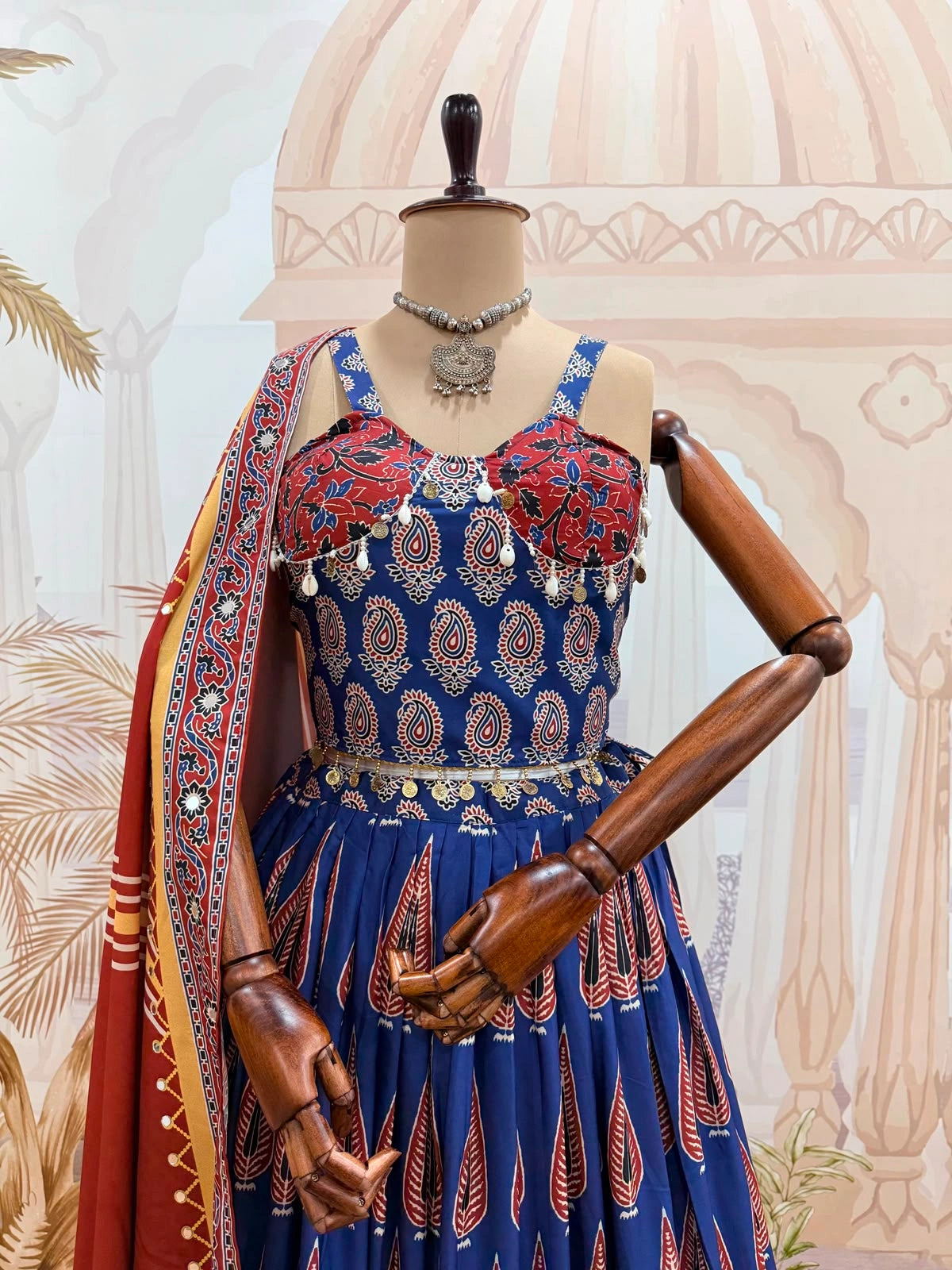Navy Blue Ajrakh Lehenga choli mannequin close-up detail – KL181 Kalyanja