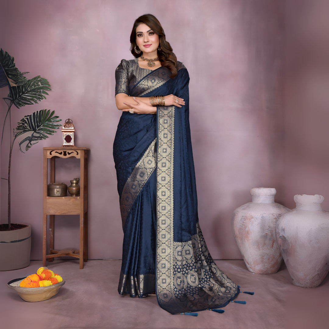 Navy Blue Zari Weaving Soft Satin Silk Saree