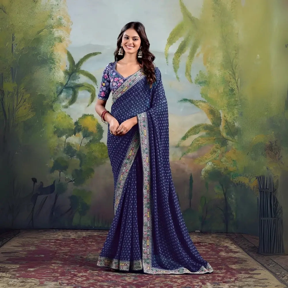 Navy Blue Georgette Embroidery Work Saree