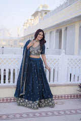 Navy Blue Pipe Beads Lehenga Palace Backdrop Front View – KL203 – Kalyanja