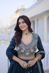 Navy Blue Lehenga Choli V-Neck Embroidery Close Up – KL203 – Kalyanja