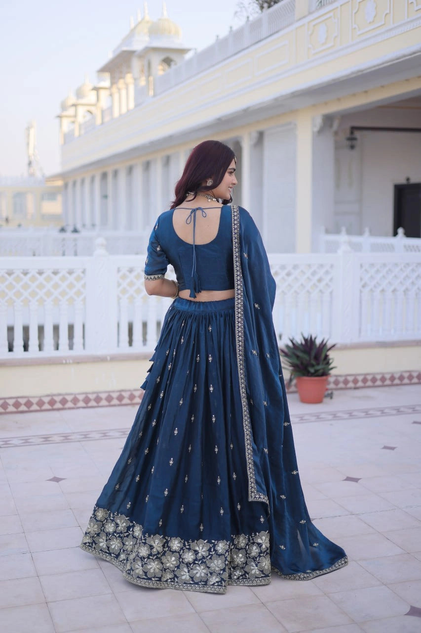 Navy Blue Embroidered Lehenga Back View Dori Tie – KL203 – Kalyanja