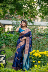 Navy Blue Zari Work Soft Banarasi Silk Saree - kalyanja