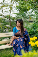 Navy Blue Zari Work Soft Banarasi Silk Saree - kalyanja