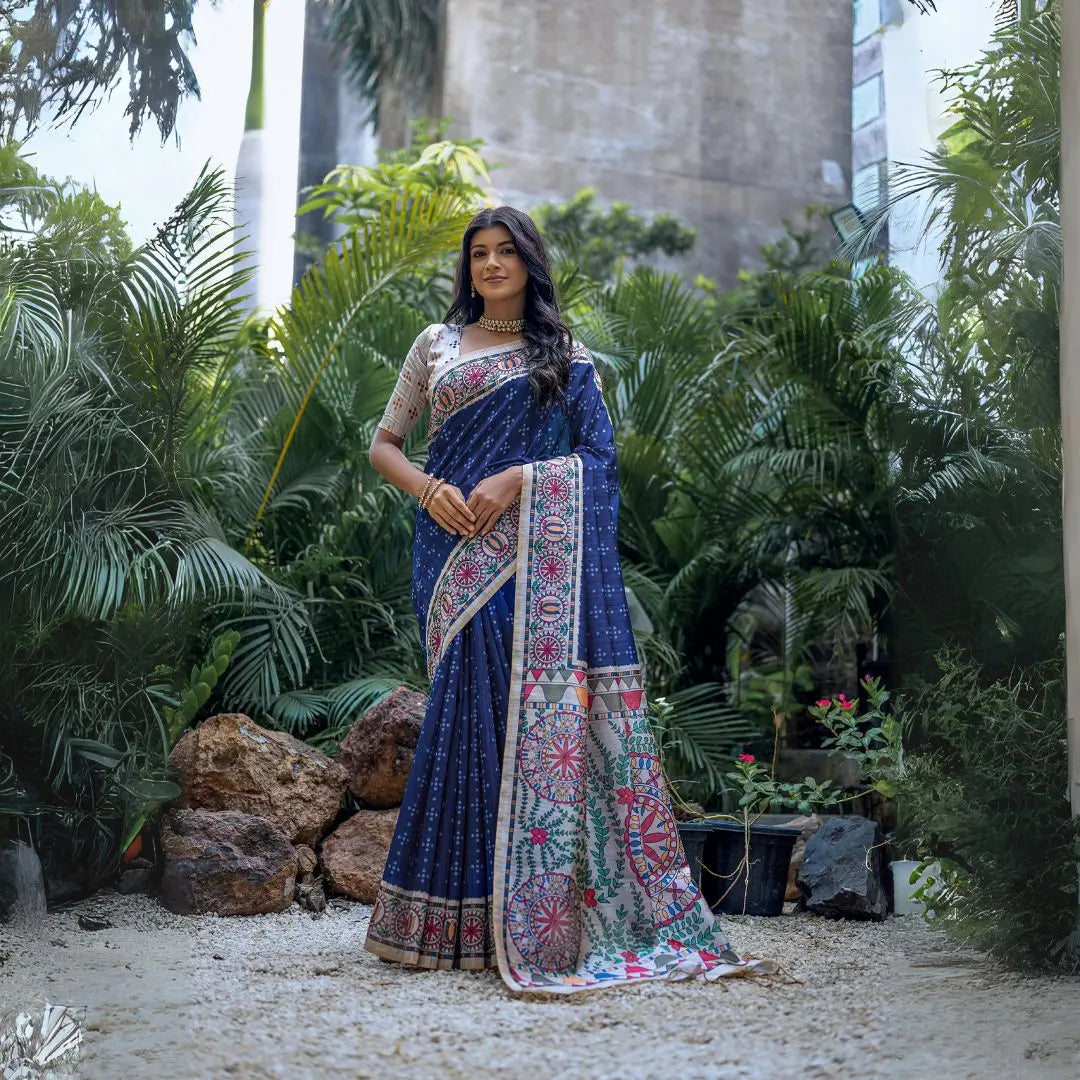 A woman models a deep Navy Blue Tussar Silk Saree with small scattered prints. The pallu features a wide, elaborate panel with intricate Madhubani-style folk art prints in white, red, green, and blue. She wears a cream/gold embellished blouse and a gold Kundan choker necklace.