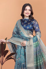 Navy Blue Crystal Saree Upper Body Paisley Print Detail Kalyanja KS384