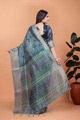 Navy Blue Zari Weaving Saree Back View with Printed Pallu Kalyanja KS384