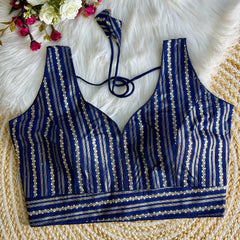 Elegant Navy Blue Zari Work Silk Blouse featuring intricate embroidery, perfect for festive and traditional occasions.