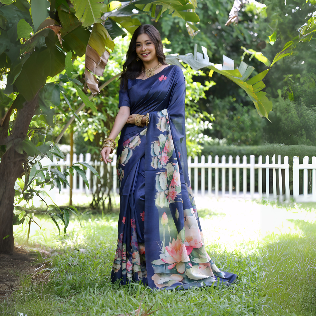 A woman models a stunning Deep Navy Blue Soft Tussar Silk Saree. The saree features a large-scale digital print of colorful floral and lotus motifs in pink, white, and green on the pallu and lower drape. She wears a matching blue blouse and heavy gold Kundan jewelry, posing outdoors in a garden setting.