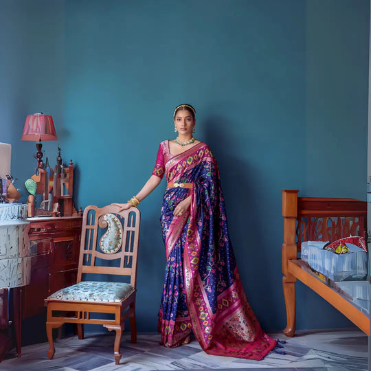 Navy Blue & Dark Pink Zari Weaving Soft Banarasi Silk Saree
