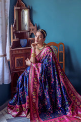 Navy Blue & Dark Pink Zari Weaving Soft Banarasi Silk Saree