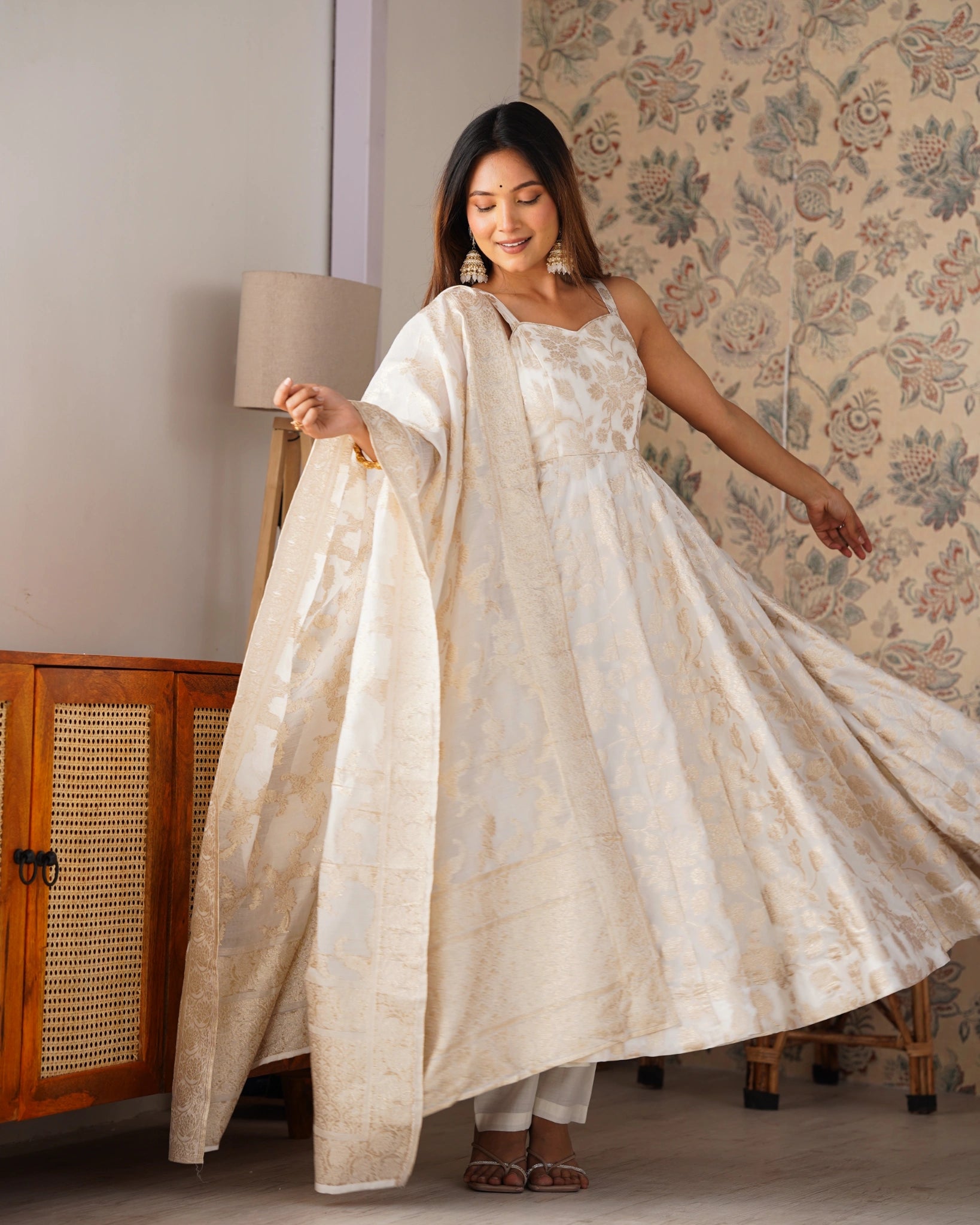 Off White Anarkali suit flare with Banarasi dupatta