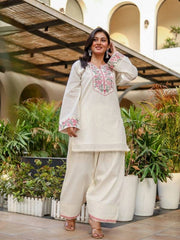 Off White Embroidered Coord Set Khadi Cotton Full Front View KC25
