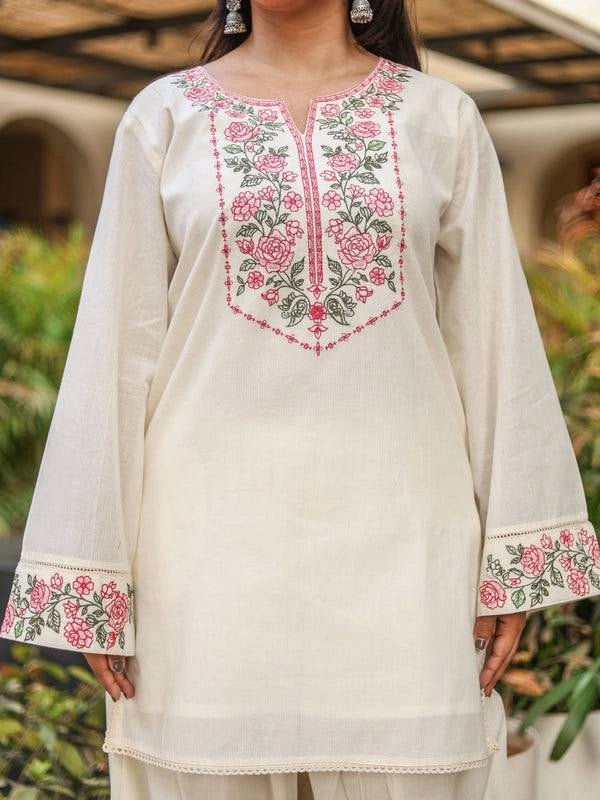 Off White Embroidered Coord Set Floral Yoke Cuff Close-Up KC25