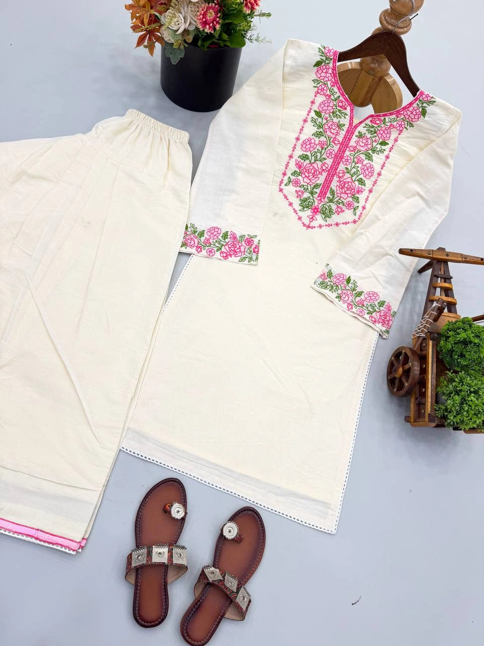 Off White Embroidered Coord Set Flat Lay With Kolhapuri Juttis KC25