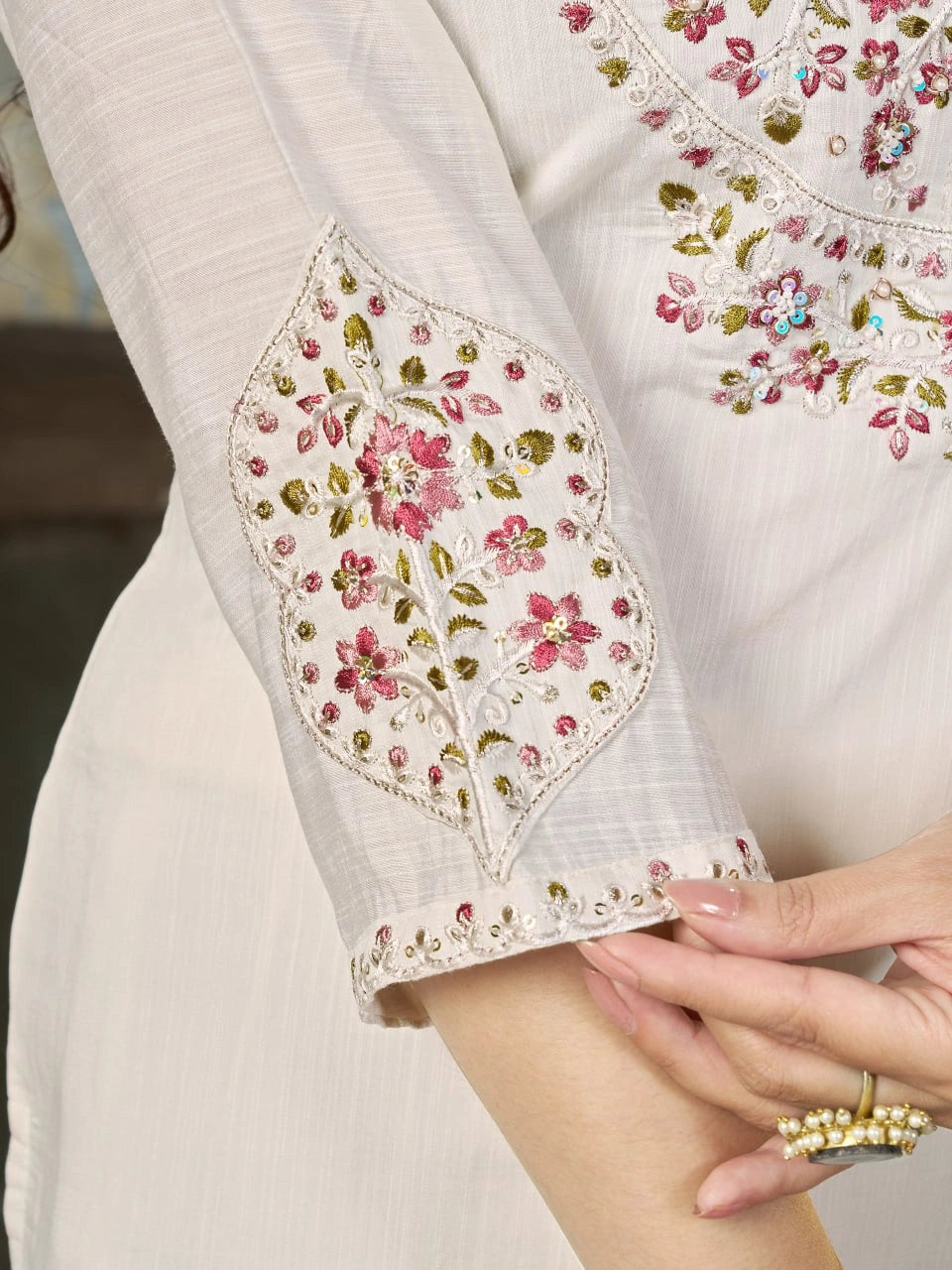 Off White Multi Thread Embroidered Kurti Marina Silk Blend KK110 - Sleeve Detail
