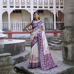 Beige & Navy Blue Patola Print Soft Tussar Silk Saree