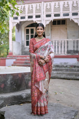 Beige & Red Patola Print Soft Tussar Silk Saree