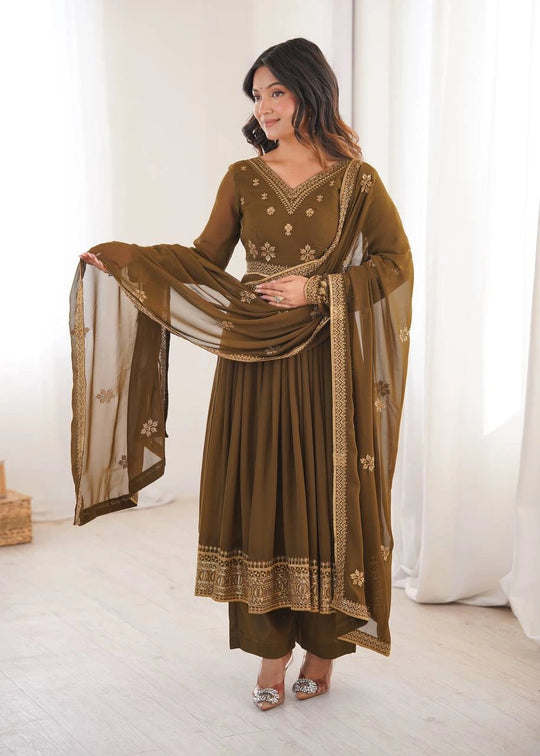 Olive Brown Sequins Embroidered Suit – Anarkali Pant Set with Dupatta Kalyanja