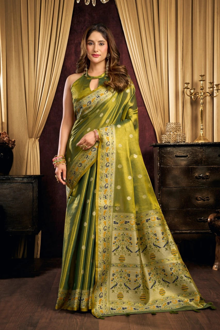 Olive Green Jacquard Weaving Saree full front – KS380