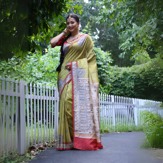 A woman models a striking Olive Green Soft Tussar Silk Saree with a red accent border. The pallu features a wide, elaborate panel with intricate White Madhubani-style folk art prints and a solid red hem. She wears a red blouse and a heavy gold choker necklace, posing outdoors.