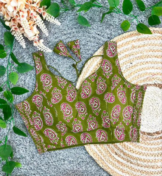 Olive Green Ajrakh Cotton Morpich Print Blouse – Flat Lay View