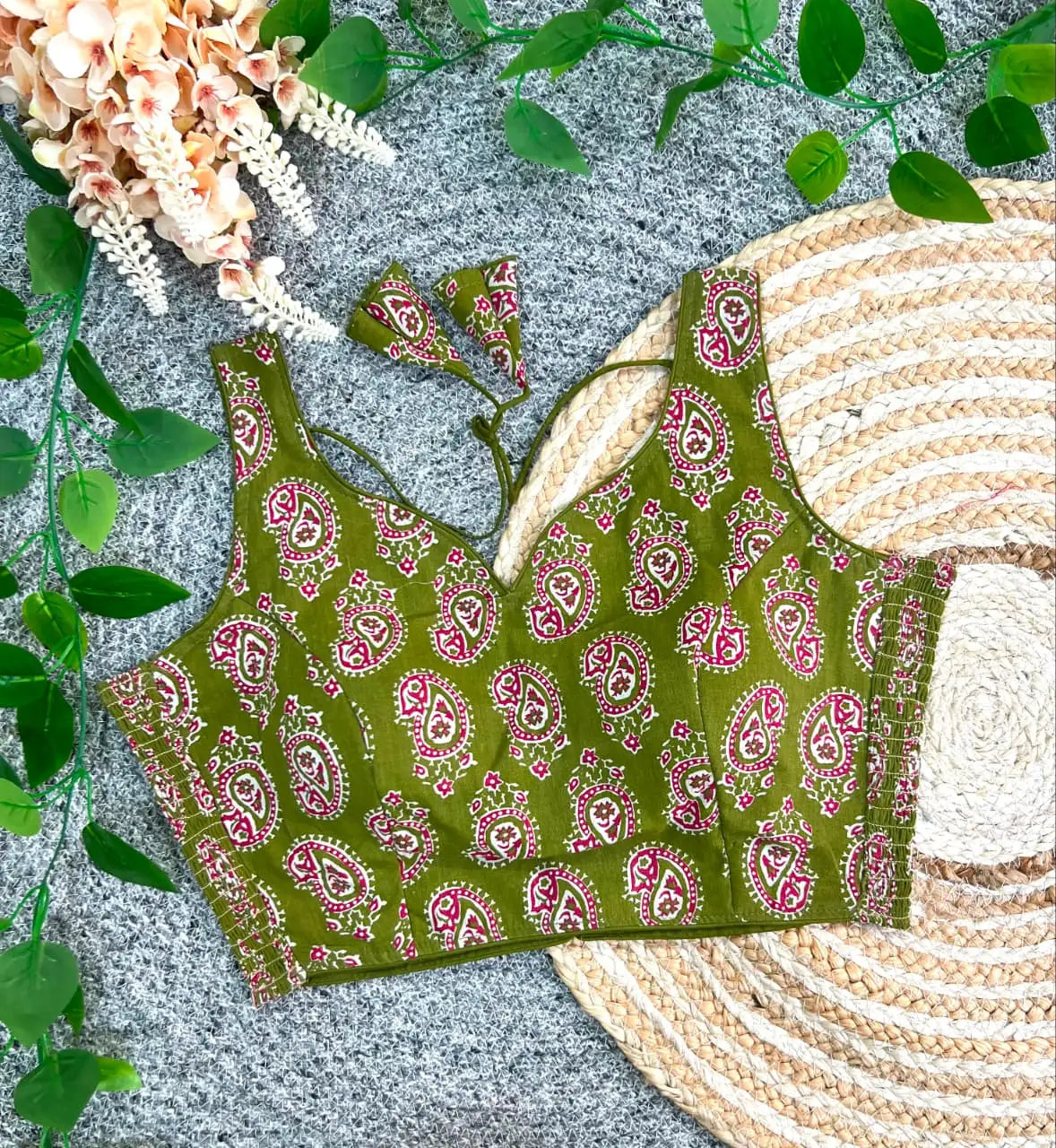 Olive Green Ajrakh Cotton Morpich Print Blouse – Flat Lay View