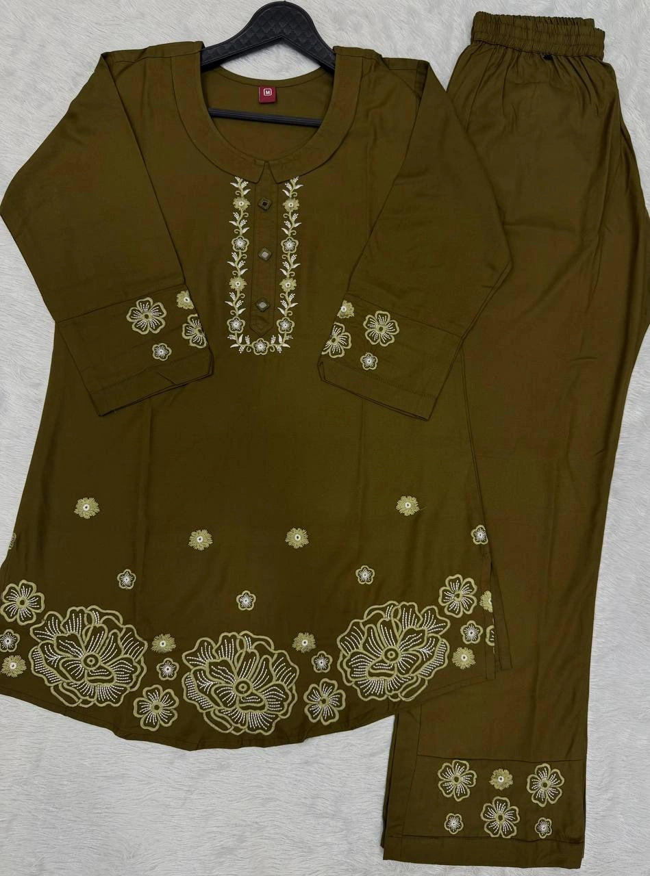olive green multi thread embroidered coord set kalyanja kc13 flat lay top and pant