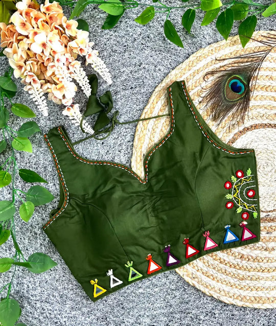 Olive Green Cotton Blend Multi Thread Mirror Work Blouse – Flat Lay