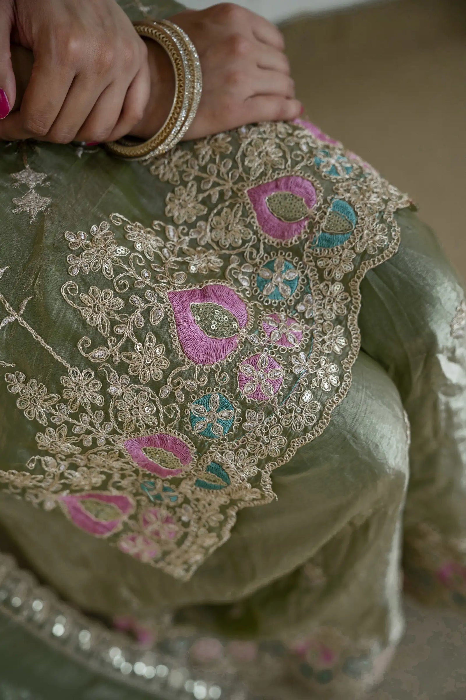 Olive Green Fendy Silk Blend Sequins Embroidered Suit KU253 close-up