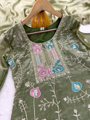 Olive Green Fendy Silk Blend Suit with Palazzo KU253 detail