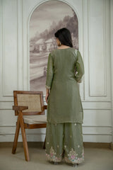Olive Green Sequins Embroidered Suit KU253 back view covered back design