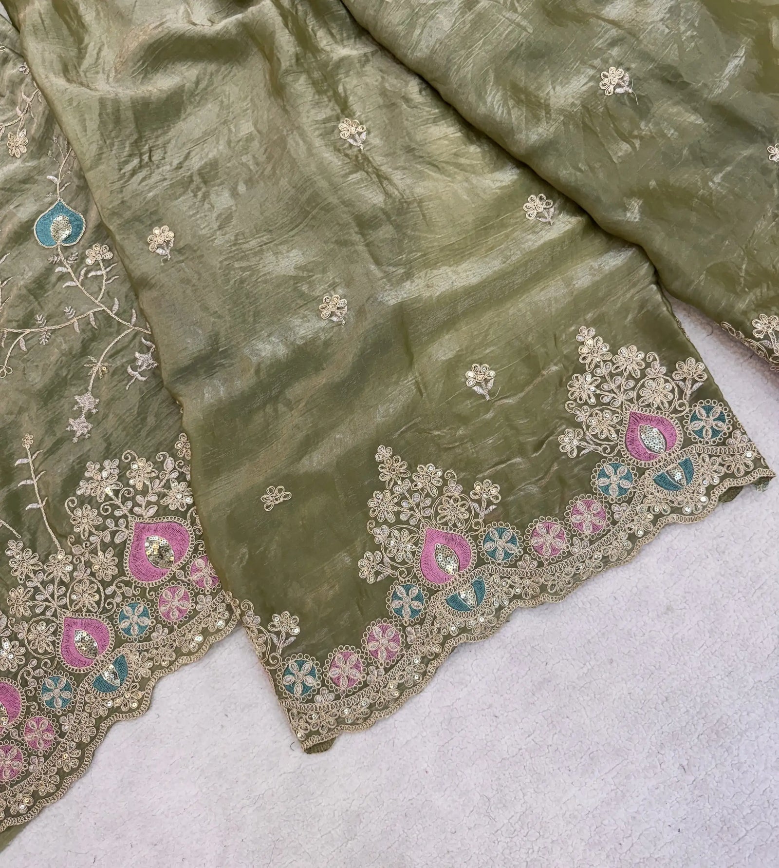Olive Green Sequins Embroidered Suit Palazzo Dupatta KU253 flat lay complete set
