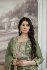 Olive Green Sequins Embroidered Suit KU253 seated pose