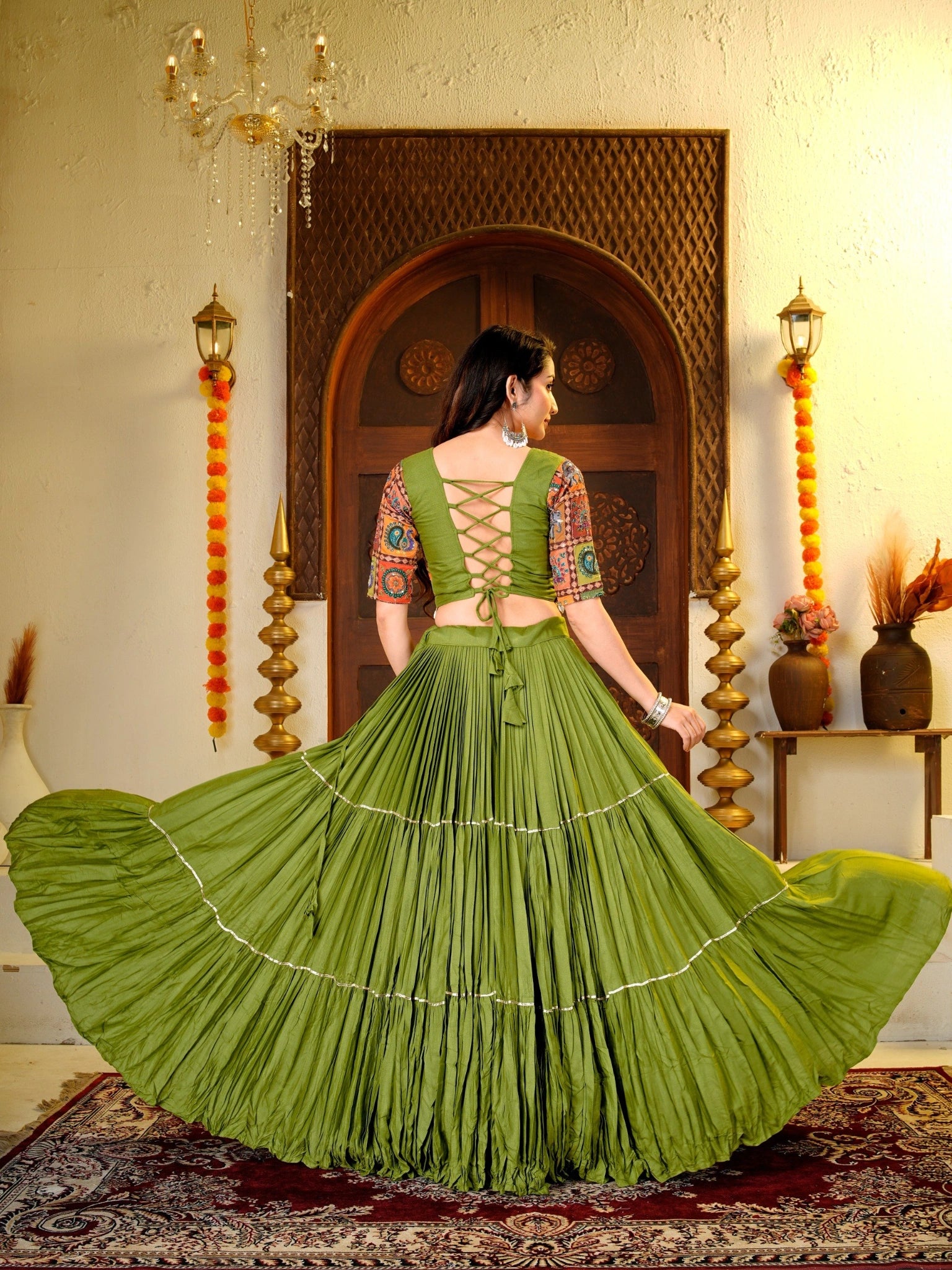 Olive Green Thread Sequins Lehenga back view lace-up choli – KL179 Kalyanja