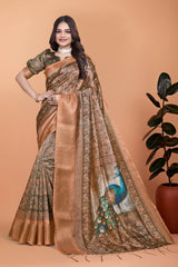 Olive Green Zari Weaving Premium Crystal Saree Hero Front View | Kalyanja KS360