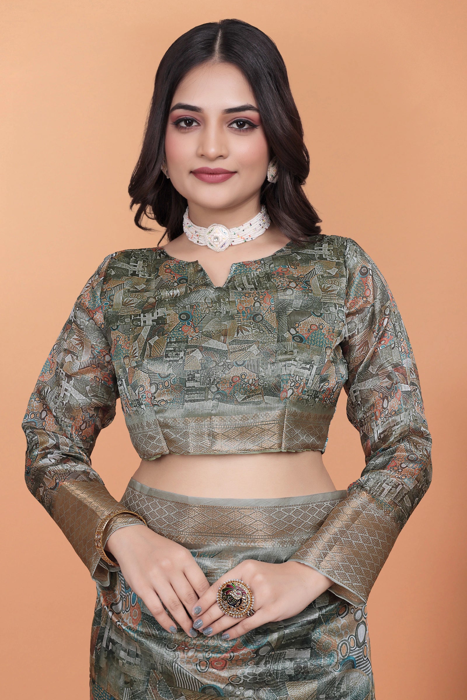 Olive Green Zari Weaving Saree – Full Drape Front View KS370