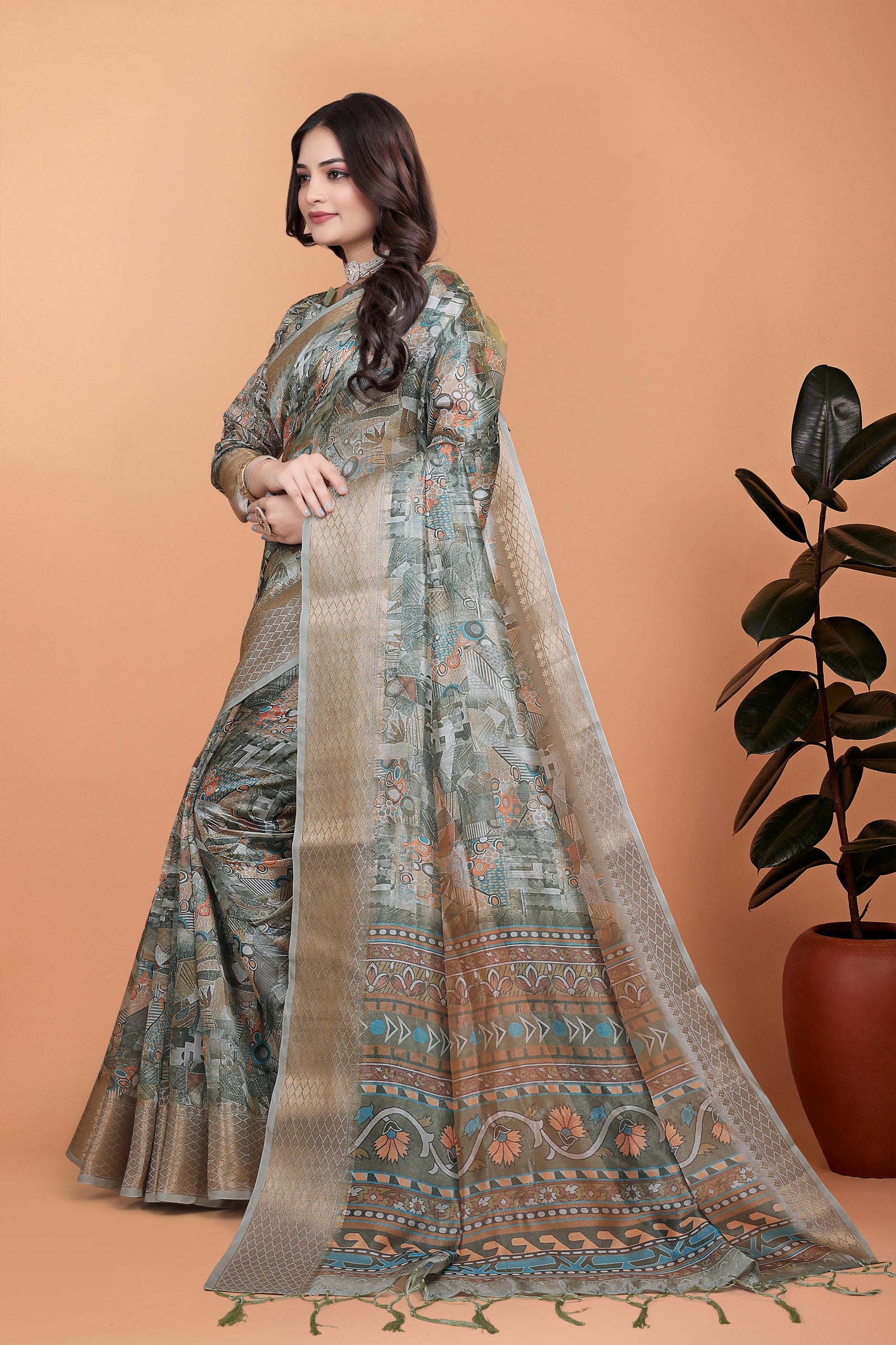 Olive Green Zari Weaving Saree – Side Drape View KS370