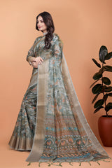Olive Green Zari Weaving Saree – Side Drape View KS370
